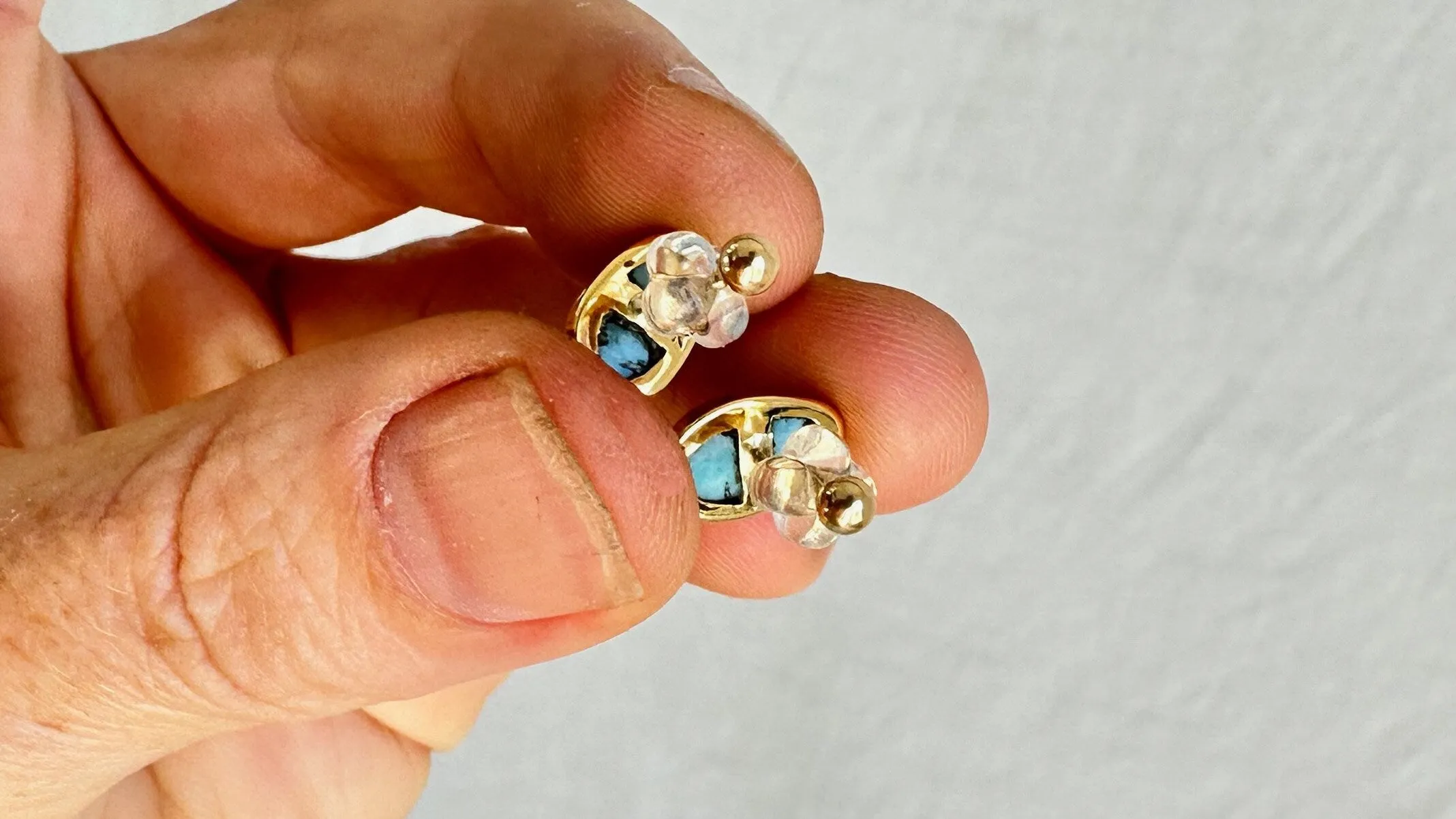 Larimar & 18K Gold Earrings. Stud. Comfort Ball Back. 1140