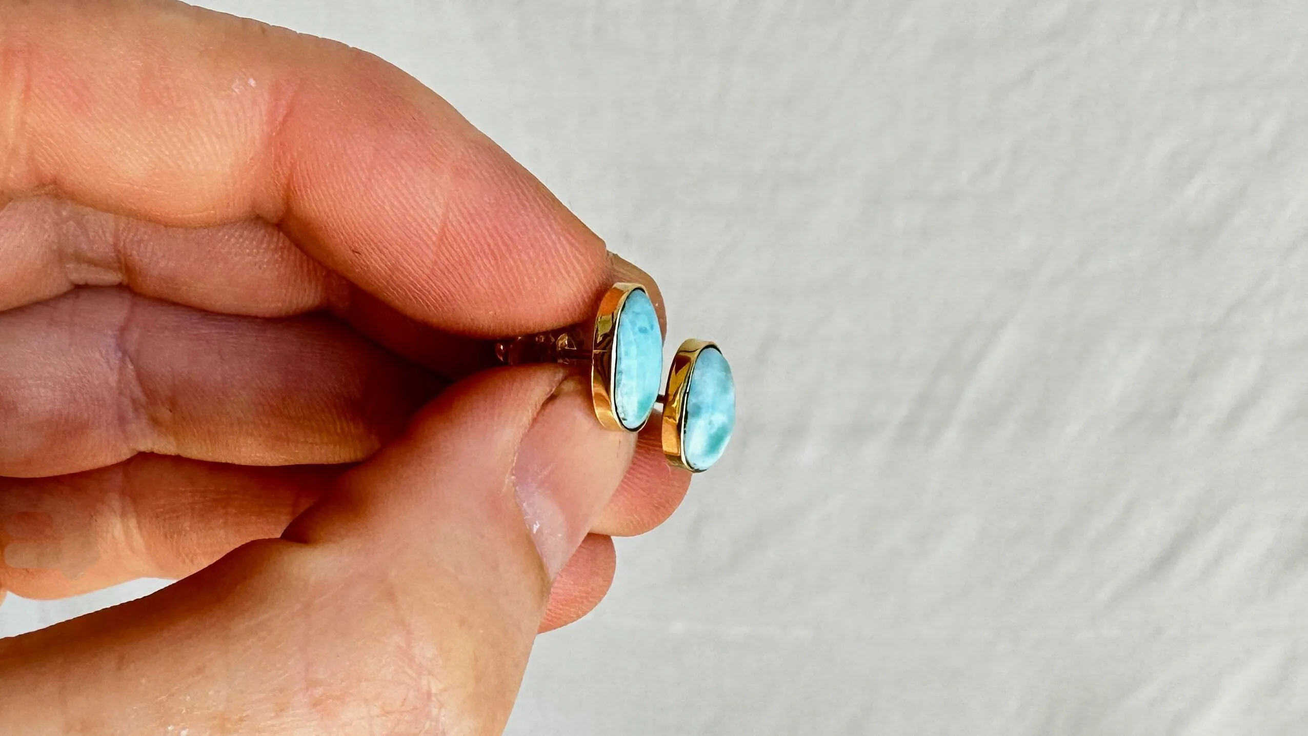 Larimar & 18K Gold Earrings. Stud. Comfort Ball Back. 1140