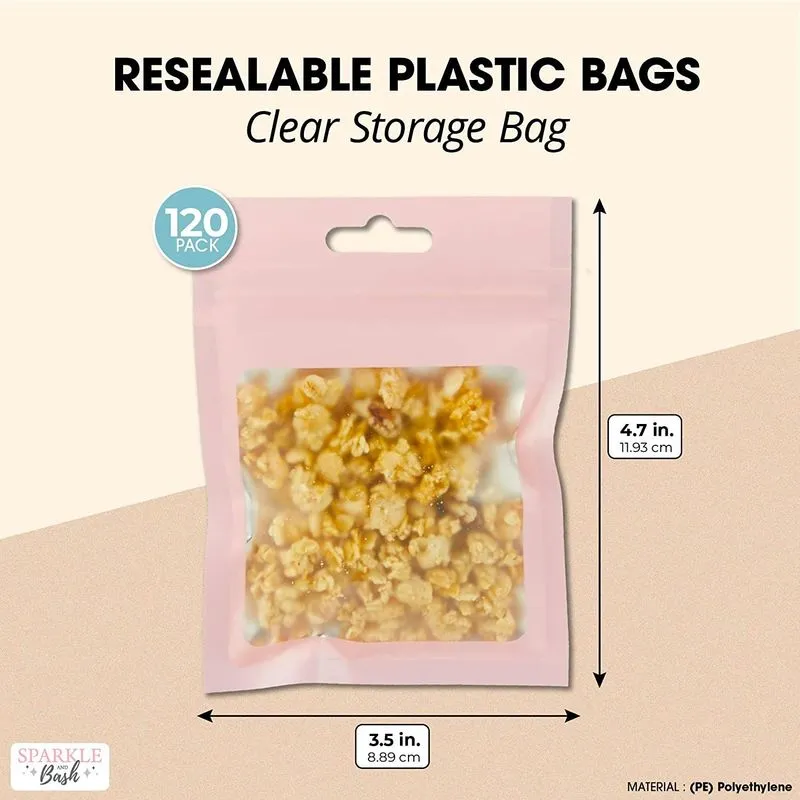 Pink Resealable Plastic Bags, Clear Storage Bag (3.5 x 4.7 in, 120 Pack)