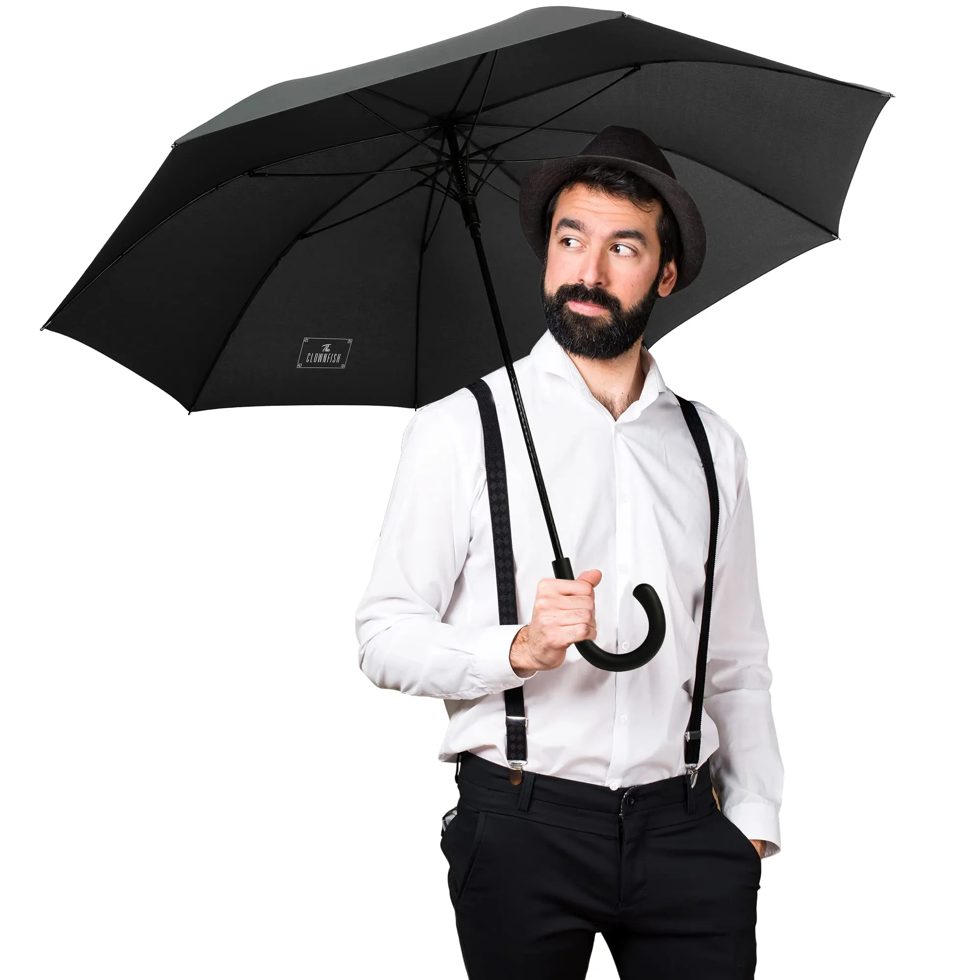 THE CLOWNFISH Umbrella Celebrity Series Single Fold Auto Open J- shape Handle Waterproof Pongee Umbrellas For Men and Women (Black)