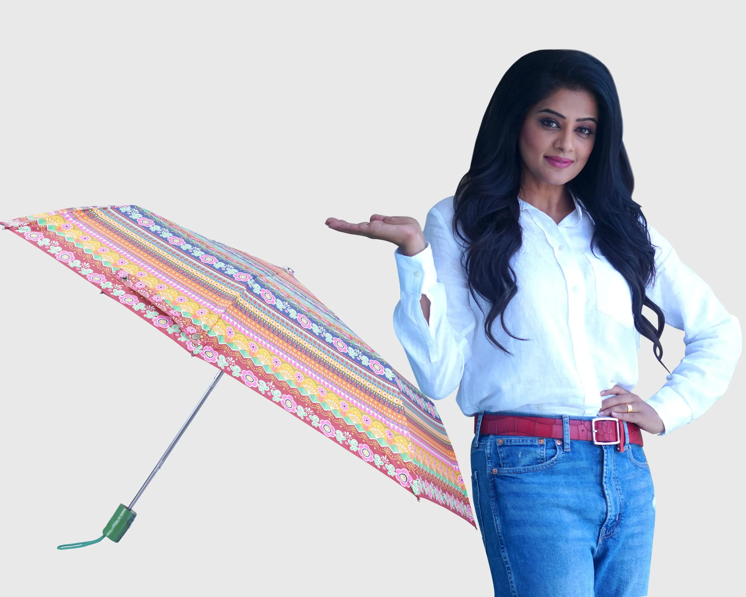 THE CLOWNFISH Umbrella Octagon Series 3 Fold Auto Open Waterproof Water Repellent Nylon Double Coated Silver Lined Umbrellas For Men and Women (Multicolour-Green Handle)