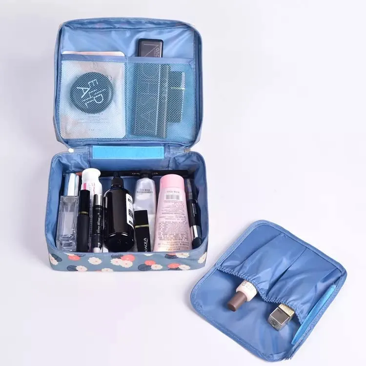 Viulvuk Multipurpose Travel Cosmetic Makeup Pouch | Multi Pockets Toiletry Bags & Travelling Pouches for Girls | Inner Ware Storage Organizer & Wash Bag for Women - Blue Flower (Size: 21x16x08 cm)