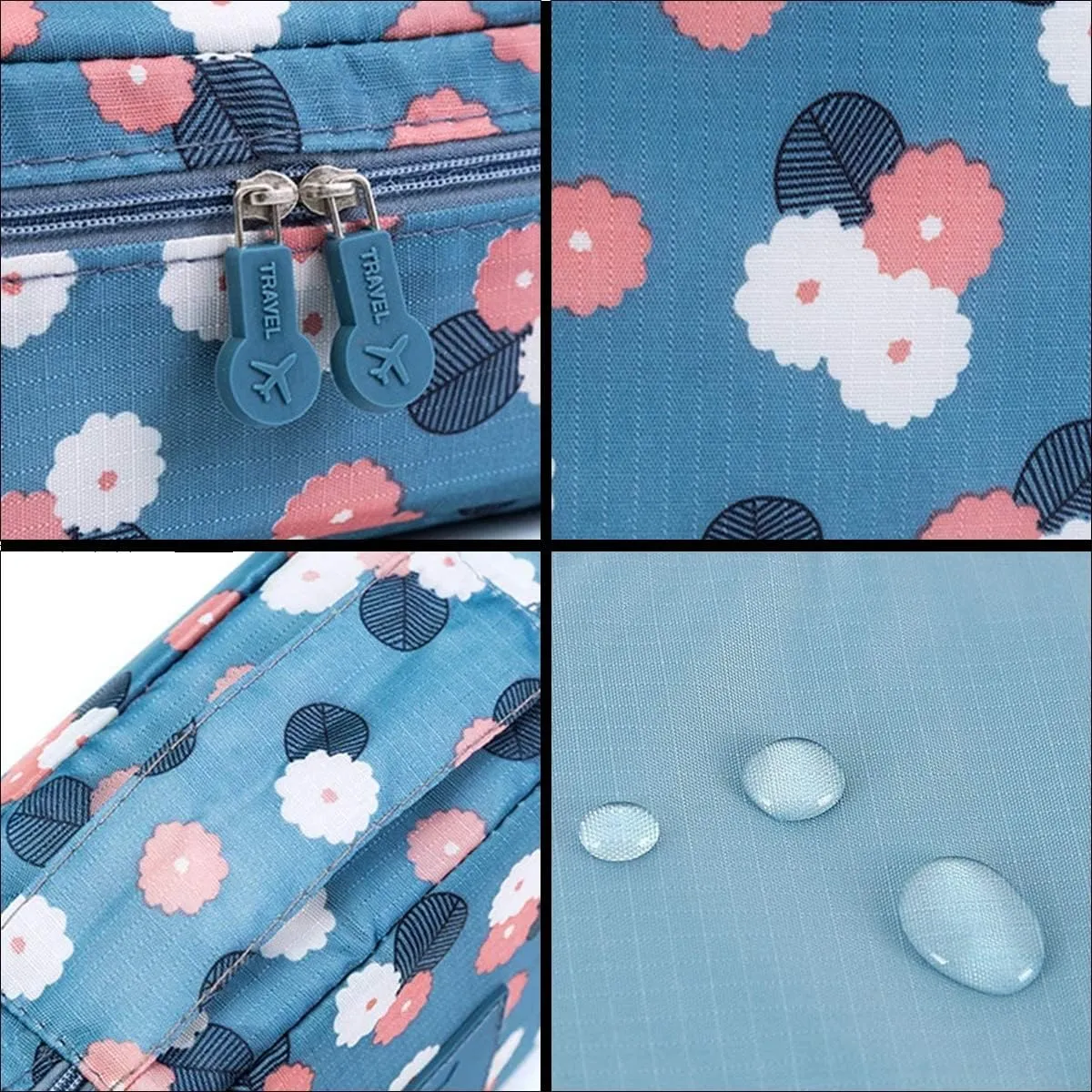 Viulvuk Multipurpose Travel Cosmetic Makeup Pouch | Multi Pockets Toiletry Bags & Travelling Pouches for Girls | Inner Ware Storage Organizer & Wash Bag for Women - Blue Flower (Size: 21x16x08 cm)