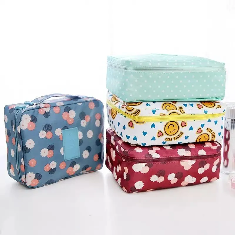 Viulvuk Multipurpose Travel Cosmetic Makeup Pouch | Multi Pockets Toiletry Bags & Travelling Pouches for Girls | Inner Ware Storage Organizer & Wash Bag for Women - Blue Flower (Size: 21x16x08 cm)
