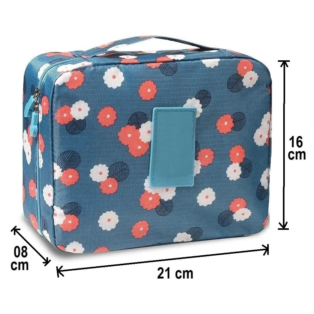 Viulvuk Multipurpose Travel Cosmetic Makeup Pouch | Multi Pockets Toiletry Bags & Travelling Pouches for Girls | Inner Ware Storage Organizer & Wash Bag for Women - Blue Flower (Size: 21x16x08 cm)
